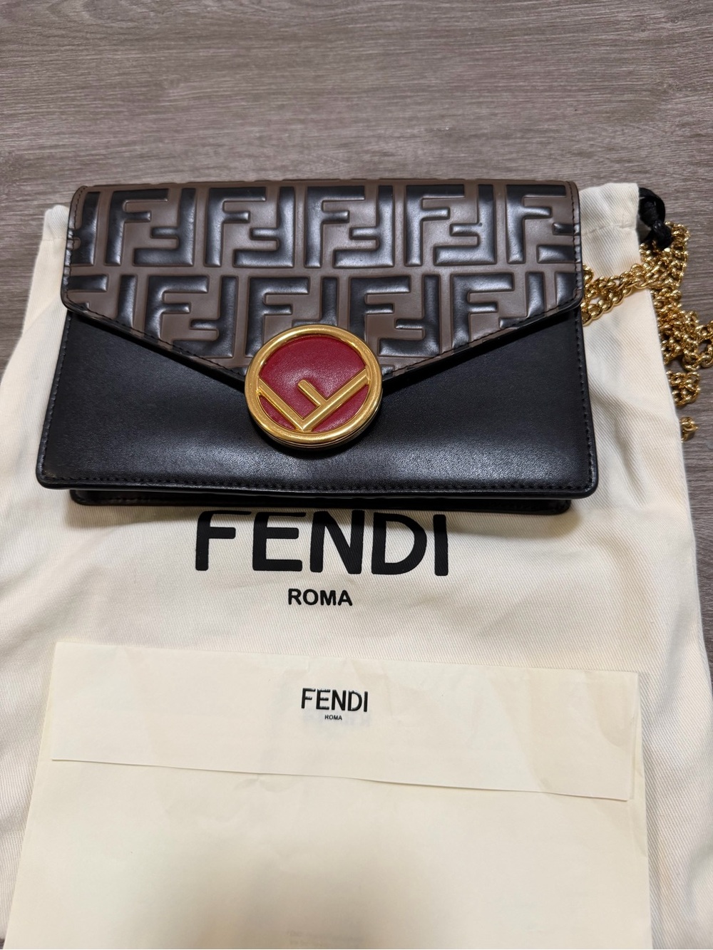 Fendi Black and Brown FF Embossed Leather Crossbody with Red Gold Logo